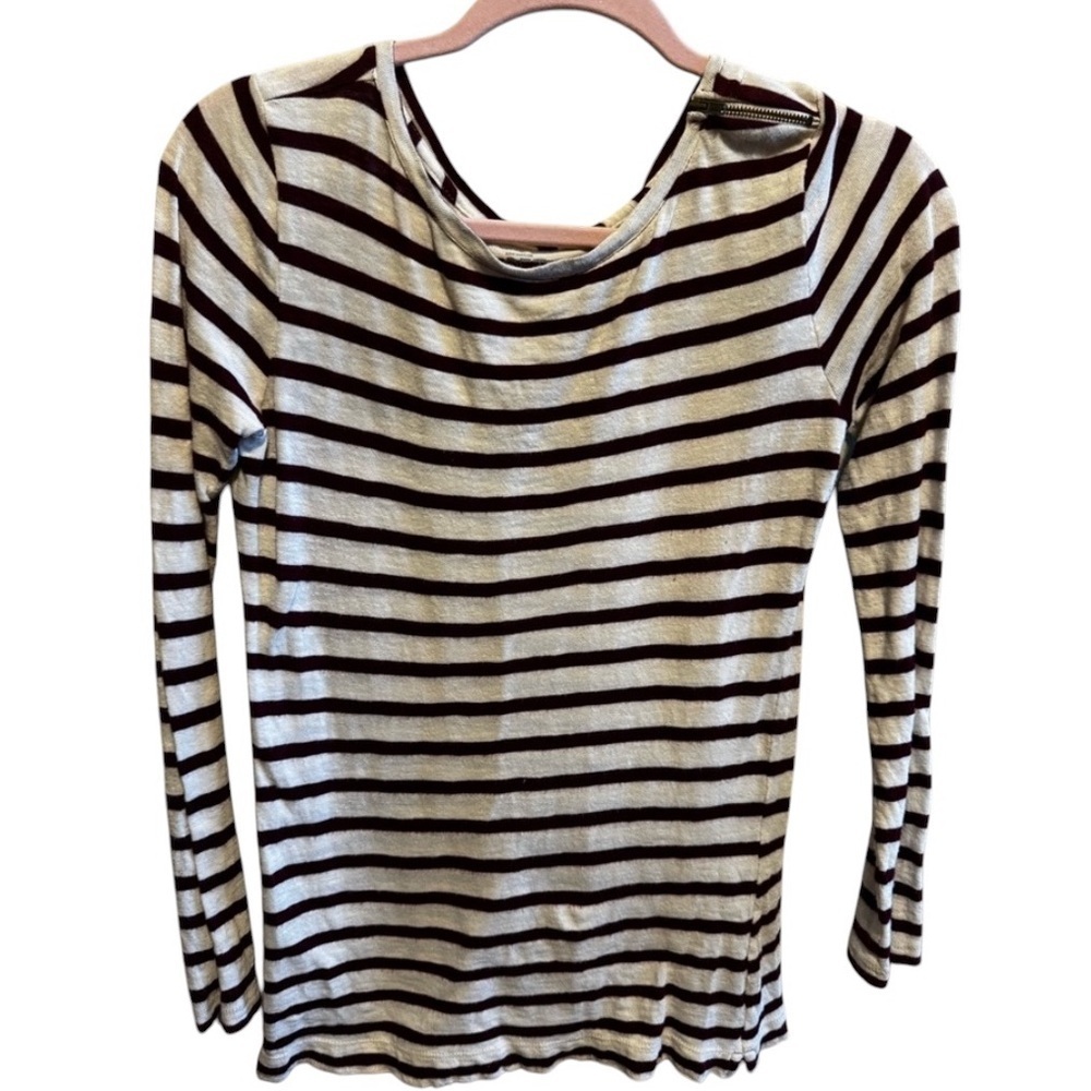 Loft Cream Burgundy Maroon Striped Long Sleeve Shirt One Shoulder Zipper Sz M